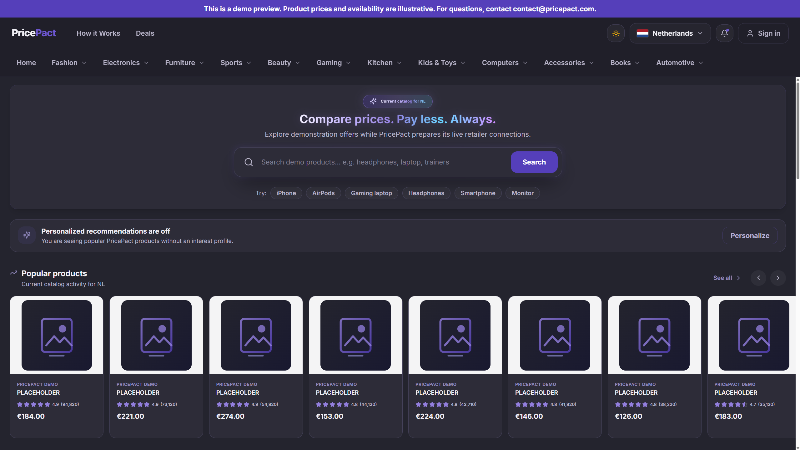 PricePact demo homepage showing navigation, search, recommendations and product comparison cards